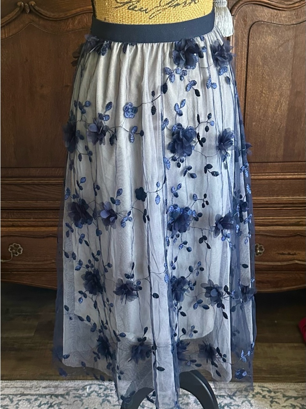 Navy Floral Embroidered Tulle Midi Skirt